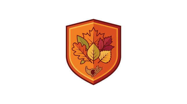 Autumn Leaves Shield Emblem with Cornucopia - Thanksgiving Harvest Symbol