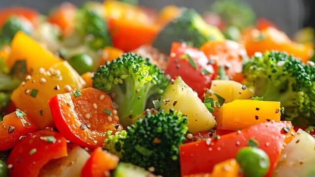 A colorful stir fry of fresh vegetables seasoned with herbs and spices