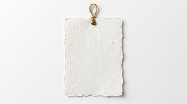 Blank handmade paper tag with deckle edge and jute twine loop secured by brass rivet on white textured background, vertical rustic stationery label mock-up card