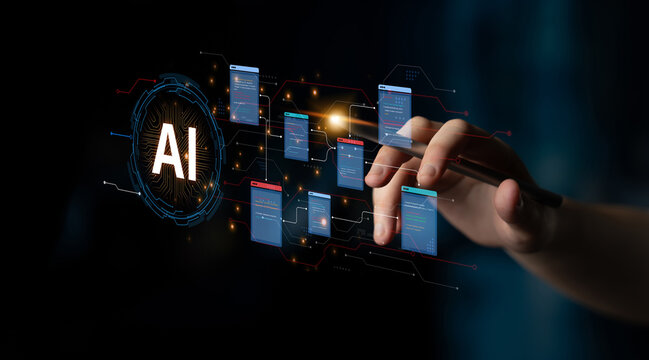 Futuristic software development concept featuring AI pair programmer, automated AI code generation, and real-time AI debugging. Ideal for DevOps and tech AI innovation. Corpus