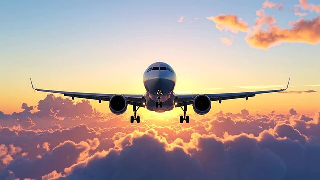 A commercial passenger airplane flying above clouds during a bright golden sunset