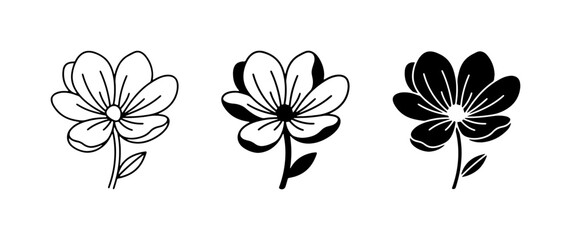 Obraz premium Simple Flower Icons: Outline, Shadowed, Silhouette Vector Graphics for Design