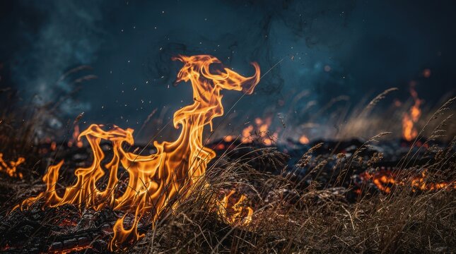 A dramatic close-up of a fire burning through dry grass at night, with bright flames, dark smoke, and glowing embers.
