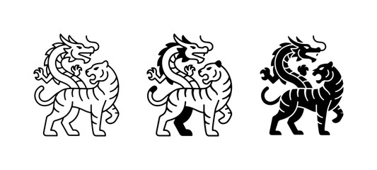 Obraz premium Dragon and Tiger Icons, Mythical Creatures, Yin Yang Symbolism, Asian Culture, Vector Art