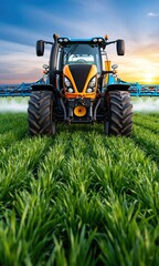 Obraz premium Agricultural machinery cultivating fertile land at dawn