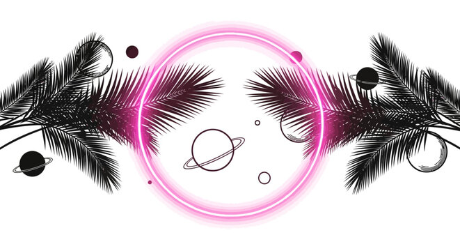 Vaporwave aesthetic background with pink neon circle, palm leaves silhouettes, and planets on white