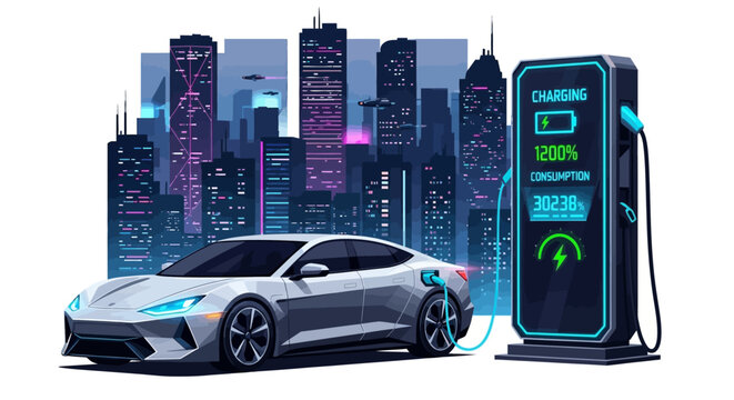 Futuristic electric car charging at a high-tech station in a cyberpunk neon city at night