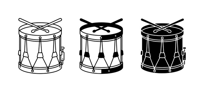 Drum Set Vector Icons: Military Snare Drum, Marching Drum, Bass Drum with Sticks