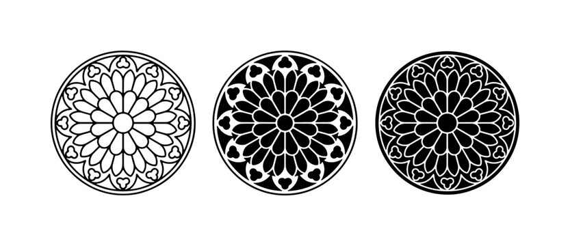 Gothic Rose Window Vector Icons, Ornate Circular Designs, Architectural Elements
