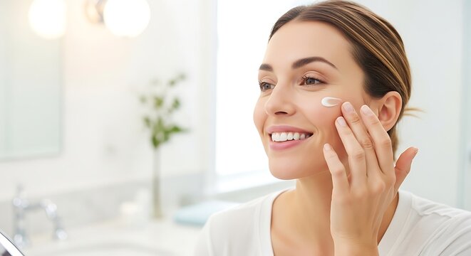 A woman with clear, glowing skin applies a dab of face cream to her cheek, smiling confidently in a well-lit bathroom