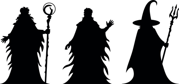 Wizard and sorcerer silhouette collection, fantasy magic character vector illustrations for medieval, Halloween and role playing game projects