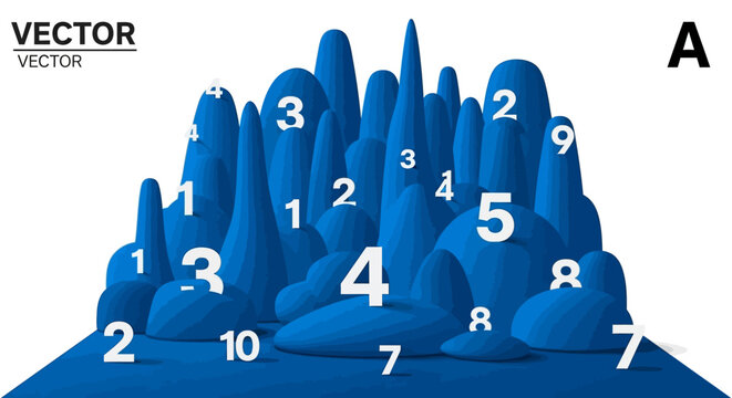 Abstract 3D blue organic shapes and hills with white numbers on white background