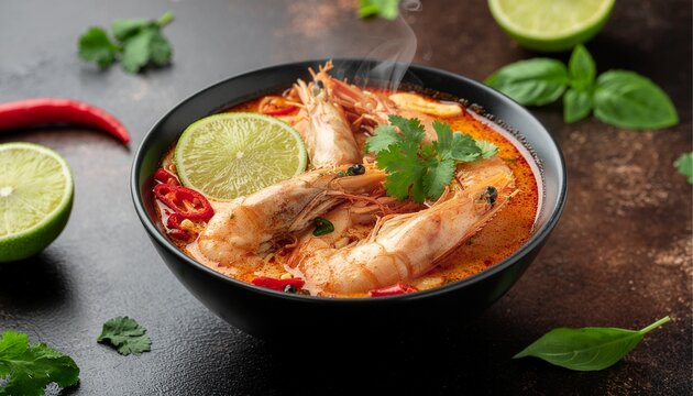 Thai Tom Yum Goong Spicy Shrimp Soup with Prawns and Lime in Black Bowl