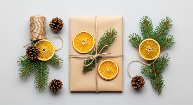 Flat lay of eco-friendly gift wrapping materials featuring brown kraft paper, jute twine, dried orange slices, pinecones, and spruce twigs, rustic, organic, dried