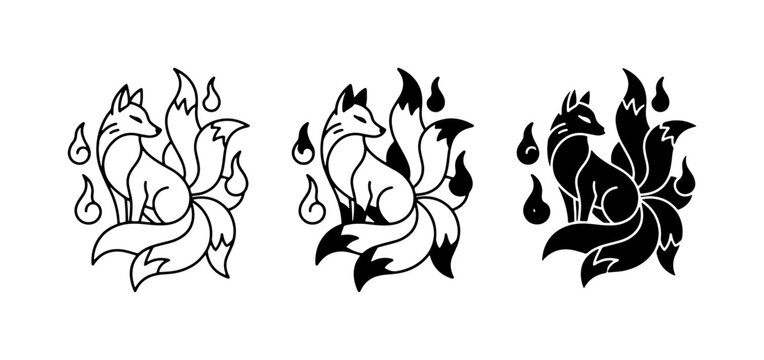 Mythical Nine-Tailed Fox Vector Icons, Kitsune Spirit Art, Japanese Folklore Symbols