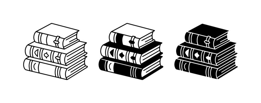 Vintage Book Stacks, Classic Literature Icons, Old Library Collection, Black and White Vector Art
