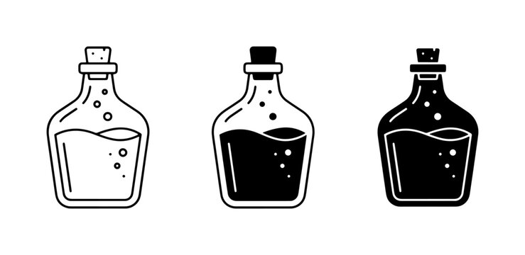 Glass Potion Bottles, Liquid Vials, Cork Stopper, Alchemy Elixir Icons, Vector Set