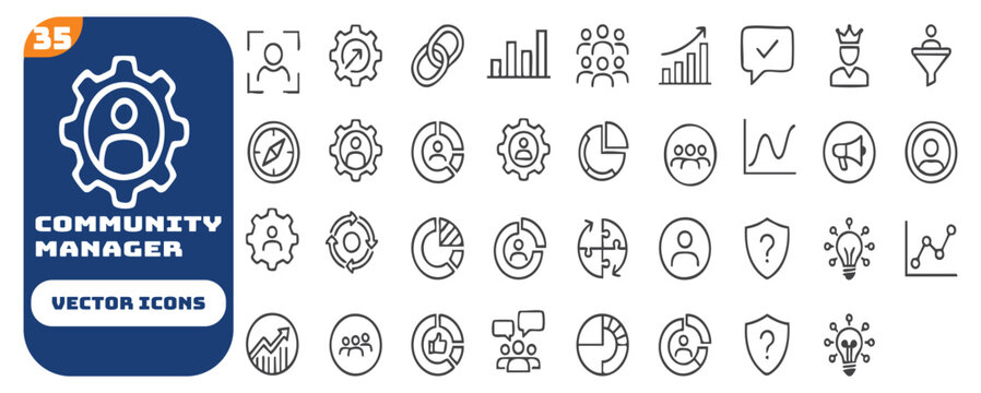 Community manager icon set. Editable stroke. Vector illustration.