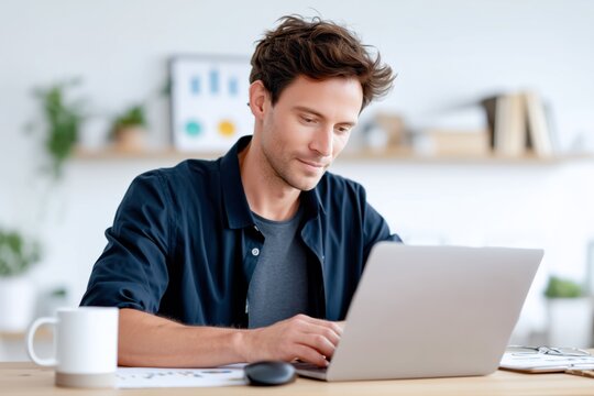 Young financial analyst working on laptop in home office. Professional man reviewing budget report, investment charts and online finance planning for remote business service