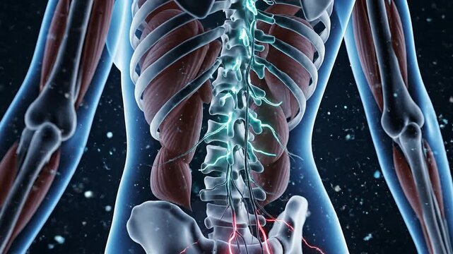 Detailed Anatomical Illustration of Human Spine and Nervous System with Glowing Red Effects on a Dark Background for Medical and Educational Use