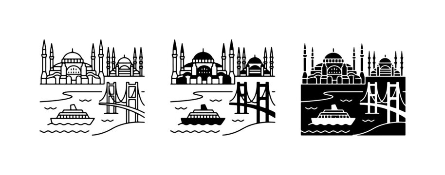Istanbul Skyline Vector Icons, Cityscape Landmarks, Bosphorus Bridge, Hagia Sophia, Mosque, Travel Art