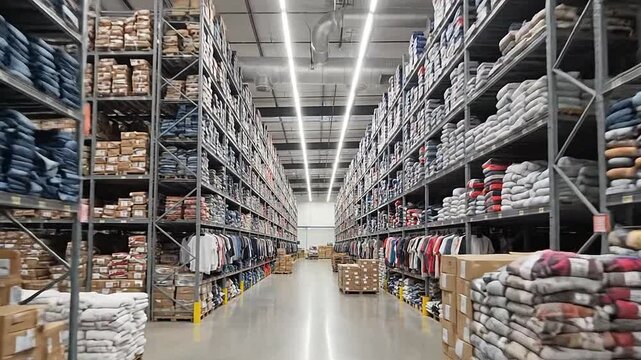 A wide aisle inside a large clothing warehouse filled with stacked apparel inventory