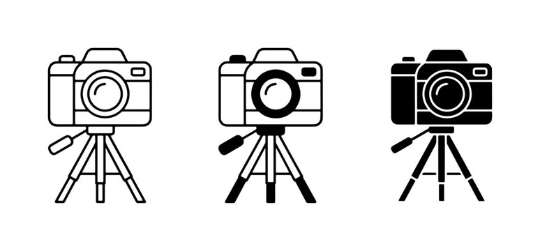 Camera on Tripod Icons, Photography Equipment Vector Set, Digital Imaging Tools