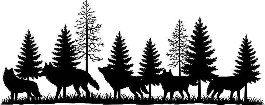 Wolf pack and pine forest silhouette illustration, wildlife nature vector design for wilderness, woodland and outdoor adventure projects
