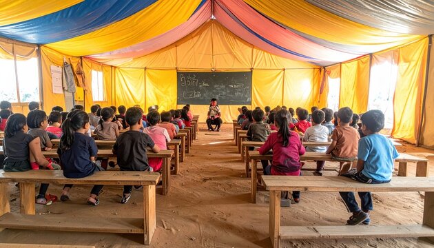 Dedicated teacher leads a lesson for many children in a colorful tent classroom
