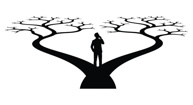 Silhouette of a person standing between two branching tree forms