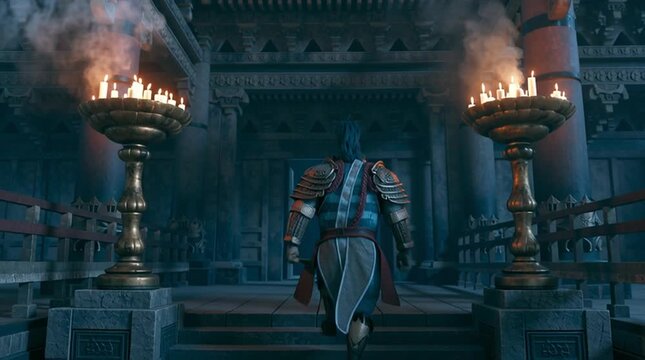 Japanese oni standing inside an abandoned temple illuminated by flickering candlelight and drifting smoke, terrifying yet elegant demon aesthetic