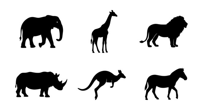 African Wildlife Silhouettes: Elephant, Giraffe, Lion, Rhino, Kangaroo, Zebra Vector Icons for Safari and Zoo Graphics