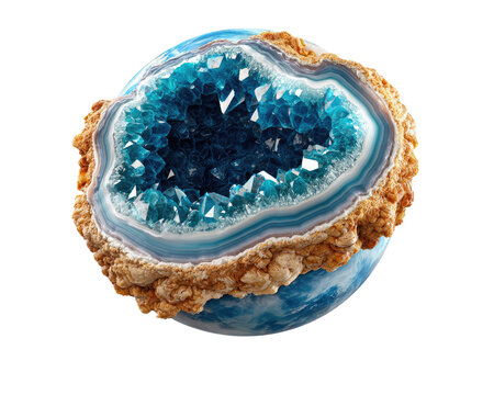 Crystal Earth Orb: A mesmerizing orb resembling the planet Earth, cracked open to reveal a dazzling geode interior filled with luminous blue crystals.