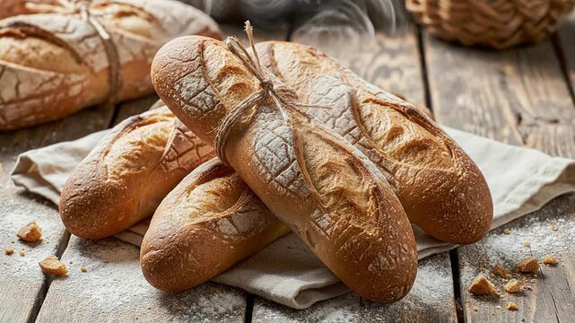 Freshly Baked Artisanal Bread Rolls on a Rustic Wooden Table with Flour Garnish for Culinary Photography