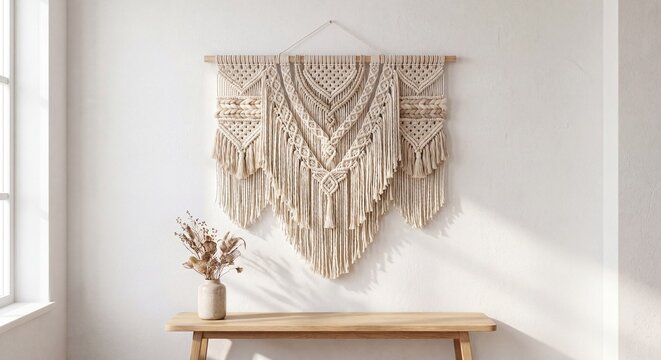 An intricate handmade macrame wall hanging with knotted cotton cord patterns on a white room wall.