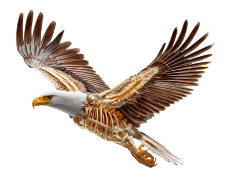 Bald Eagle Anatomy in Flight: An artistic depiction of a bald eagle in mid-flight, revealing its skeletal structure beneath its feathered wings, symbolizing strength and scientific understanding.