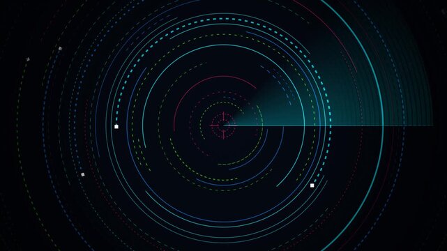 Futuristic technology radar loop featuring a glowing green sonar sweep scanning colorful digital circular data lines on a dark HUD backdrop. Perfect for cyber security presentation slides