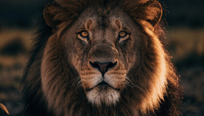 Fototapeta premium Majestic male lion portrait with golden light and transparent background