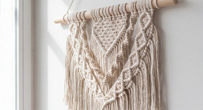 A beautiful handmade macrame wall hanging featuring intricate cotton rope knots on a wooden dowel.