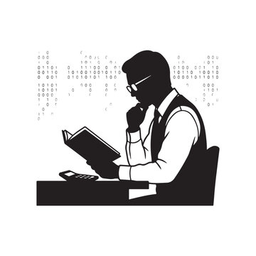 Black silhouette of a man sitting at a desk with a book and calculator, with binary code background, isolated on a white background, side view