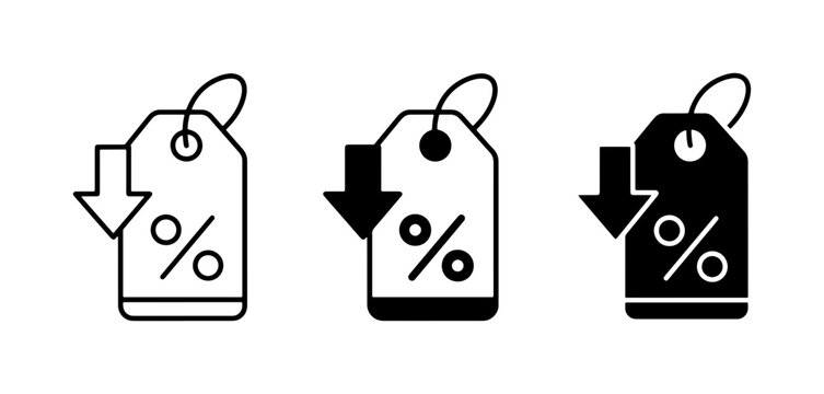Price Tag Icons, Percentage Discount, Sale Down Arrow, Vector Set