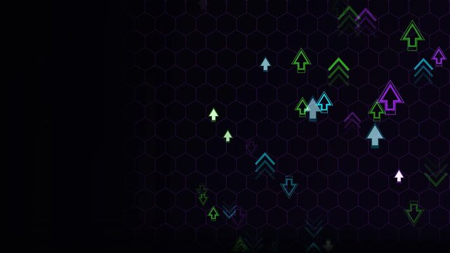 Futuristic technology background loop featuring neon green and purple digital arrows moving across a dark hexagon grid backdrop. Perfect for cyber data and security presentation slides