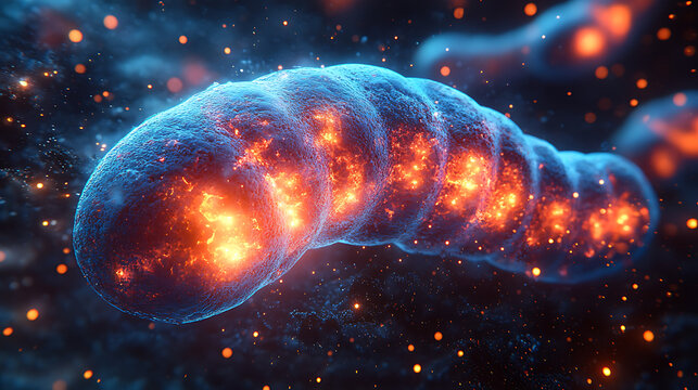 Mitochondria illuminated with glowing particles showing energy boost from NMN 
