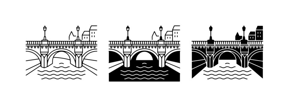 Arch Bridge Icons Set: Classic Stone Bridge, River Crossing, Cityscape Silhouette, Vector Graphics