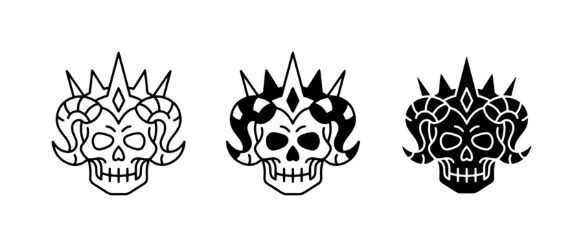 Skull Crown Icons, Gothic Ram Horns, Vector Set for Tattoo & Design