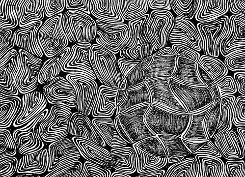 Abstract turtle swimming among swirling patterned lines