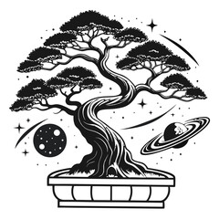 Bonsai tree illustration with surrounding planets and stars in line art style astronomy universe illustration botanical oriental japanese © Atiq