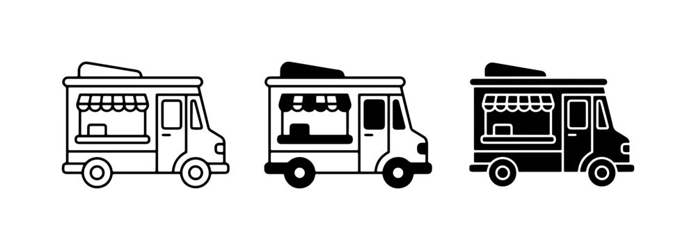 Food Truck Icons, Mobile Kitchen Vector Graphics, Street Food Vehicle Set