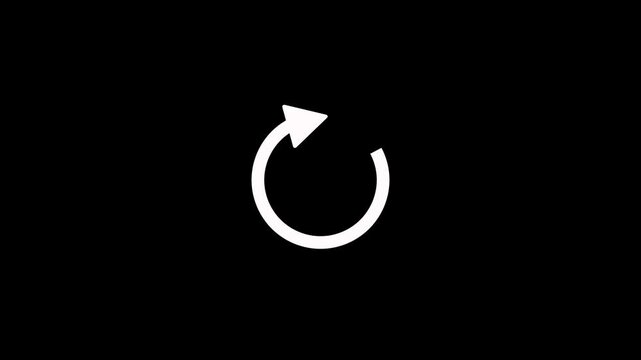 Minimalist white circular arrow loading indicator spinning animation on black background. Circular arrow concept for process, update, refresh cycle motion graphics interface with alpha channel