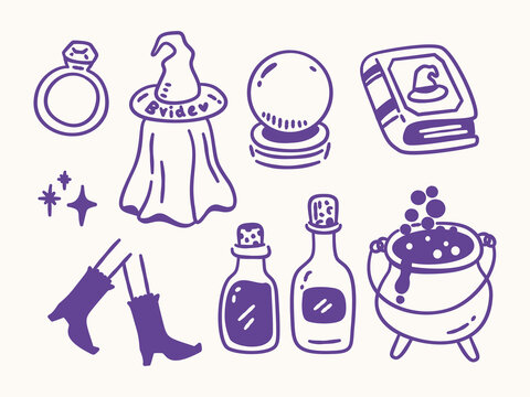 Cute witchy bachelorette party doodle elements with bride hat, ring, potion bottle and magic cauldron.